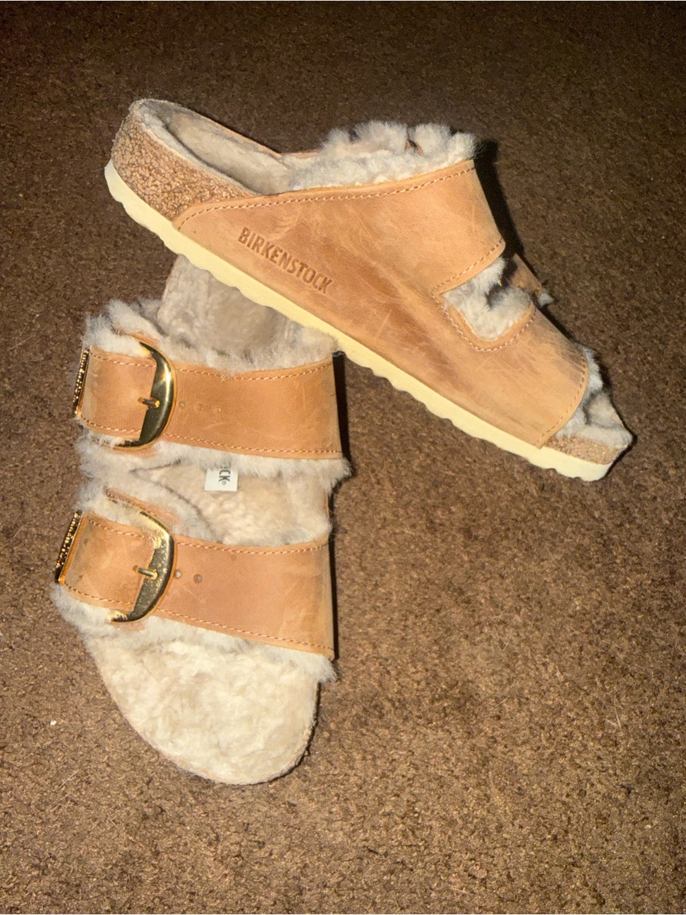 Birkenstock Shearling-Lined Two-Buckle Slide Sandal - Tan